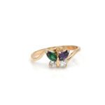 Anillo de oro para mujer 18k diseño mariposa con 2 circones transparentes, 1 circón verde y 1 circón morado