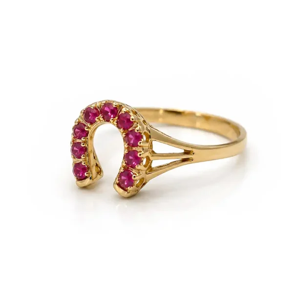 Anillo de oro para mujer 18k diseño Herradura con 9 piedras rojas