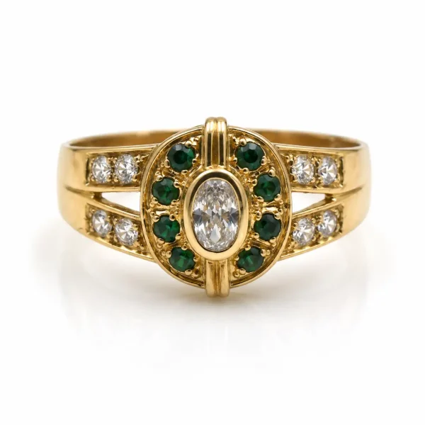 Anillo de oro para mujer 18k diseño calado con 8 circones verdes y 9 circones transparentes