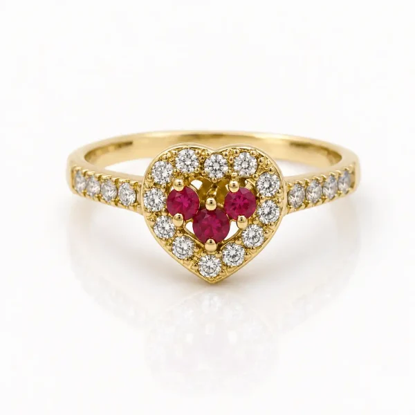Anillo de oro para quinceañera 18k diseño corazón con 3 circones rosados y 22 circones transparentes