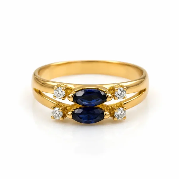 Anillo de oro para mujer 18k diseño calado con 4 circones transparentes y 2 circones azules
