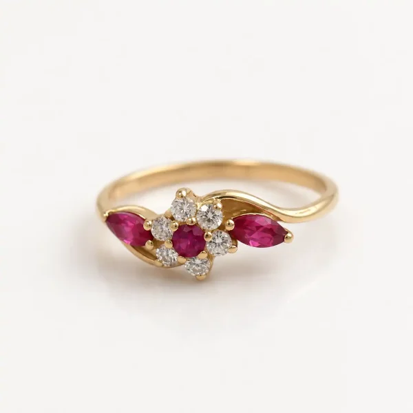 Anillo de oro para mujer 18k diseño diseño flor con 6 circones transparentes y 3 circones rosados
