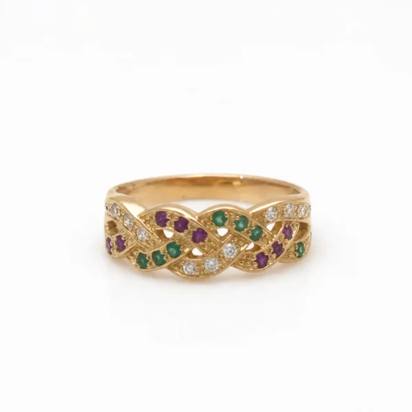Anillo de oro para mujer 18k diseño entrelazado con 7 circones verdes, 8 circones rosados y 9 circones transparentes