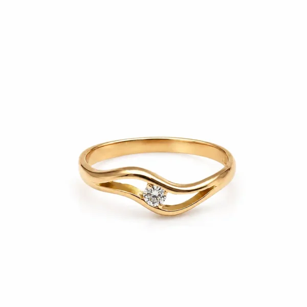 Anillo de oro para mujer 18k diseño solitario ondulado con 1 circón transparente